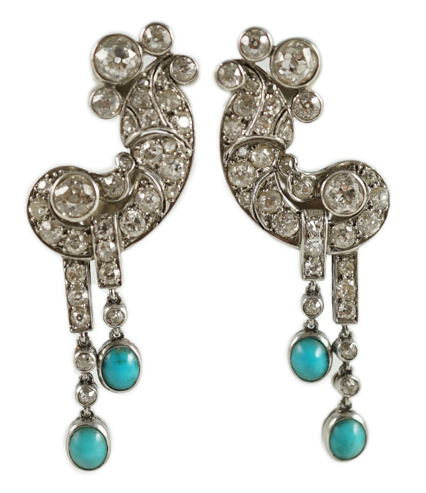 A pair of white gold, diamond and turquoise cluster set scroll drop ear clips